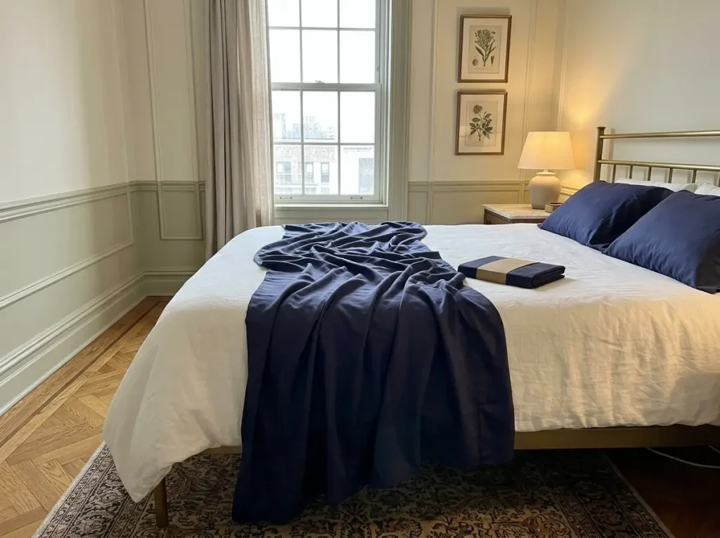 A lyocell sheet set half unfolded across the foot of a made bed, its drape catching the window light