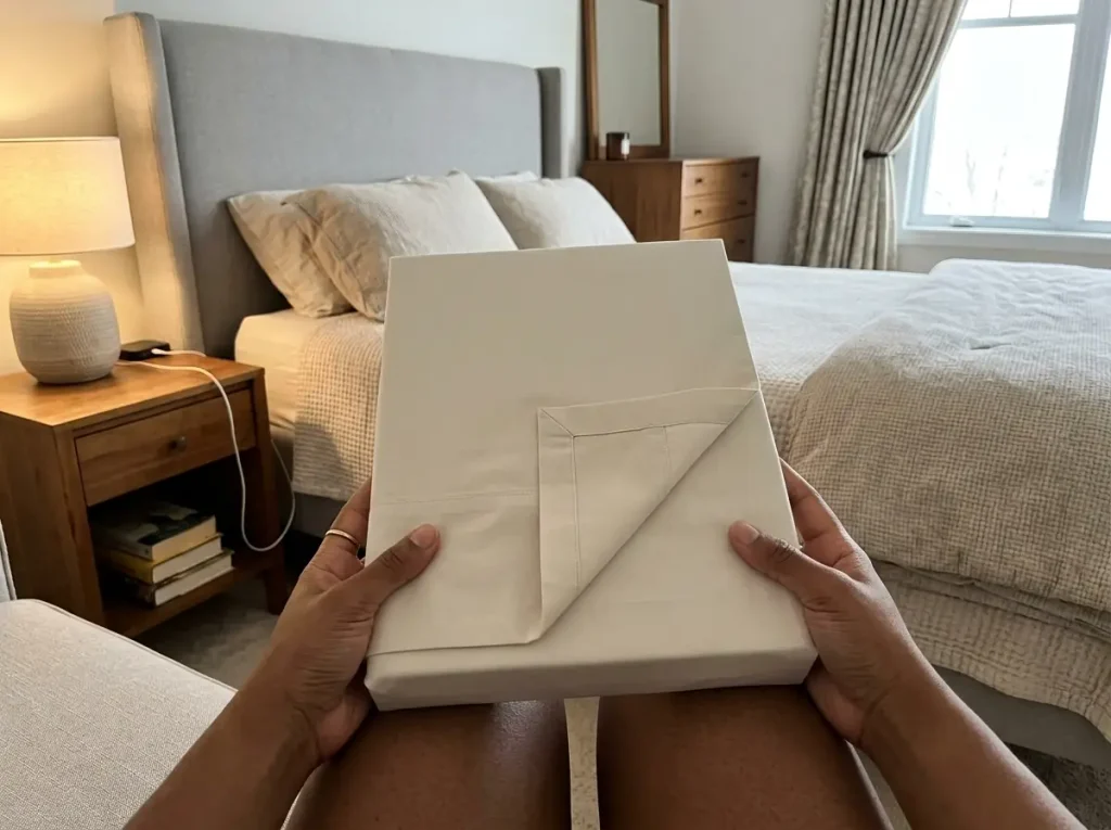A folded percale sheet set held in both hands on the edge of a made bed