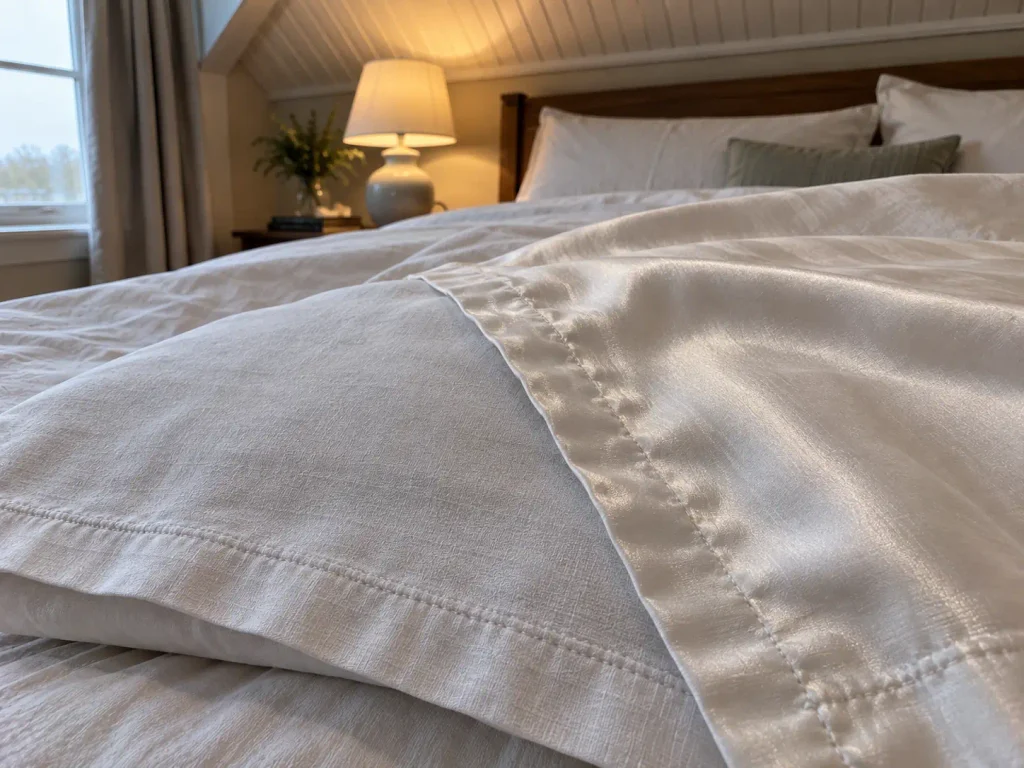Matte percale and low-sheen sateen side by side, showing how differently each weave catches light