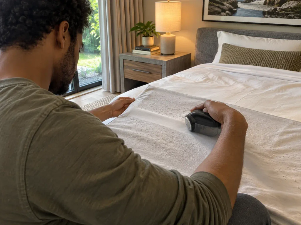 A man working a fabric shaver across a sateen sheet, a cleared strip behind the head