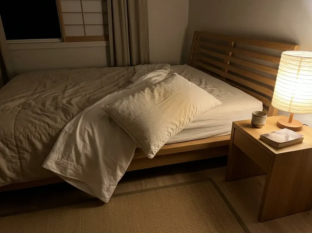 A pillow stripped of its case under a bedside lamp at three in the morning, its shell yellowed with age
