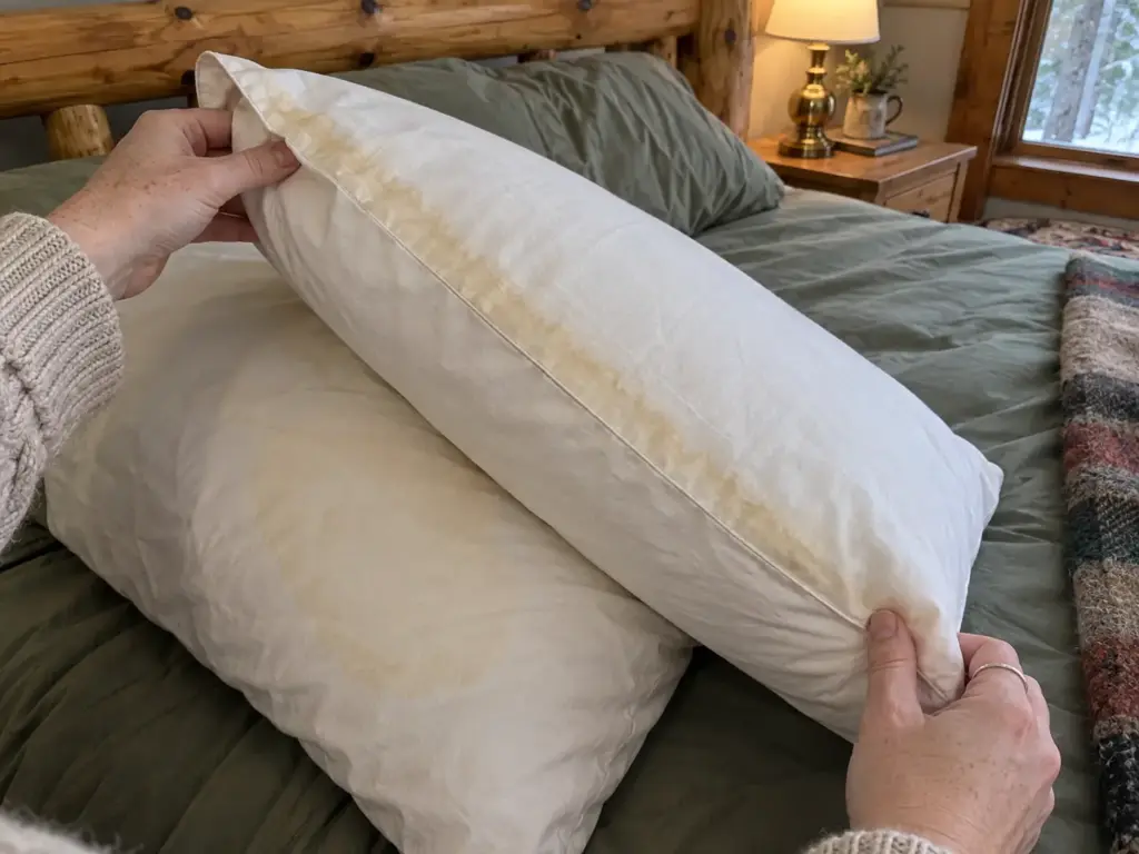 Hands turning a washed pillow over to compare the underside, a tan tide line along the edge after washing