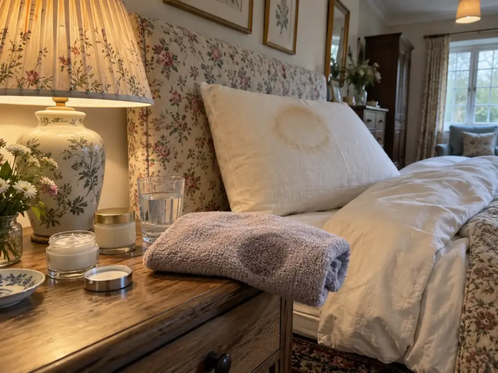 A bedside table with a hair towel and skincare jars beside a pillow showing a faint ring at the head end