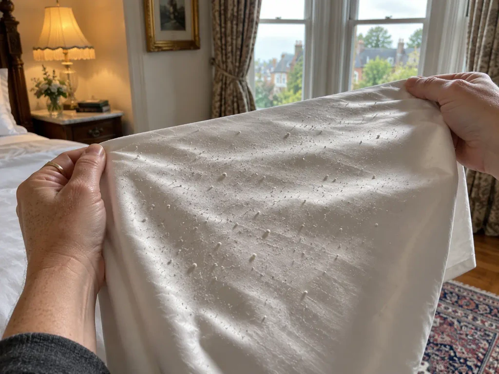 Hands holding a sheet at a low angle to the window so pills catch the light as small raised dots