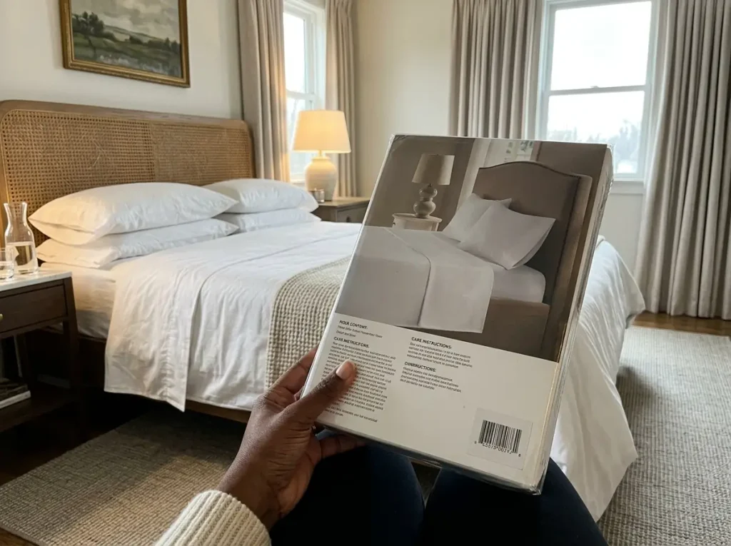 Hands turning a Pima cotton sheet set package over to read the fiber content on the back panel