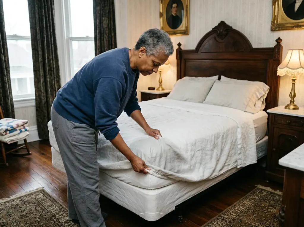 Person pulling a damp linen fitted sheet taut over the corner of a mattress