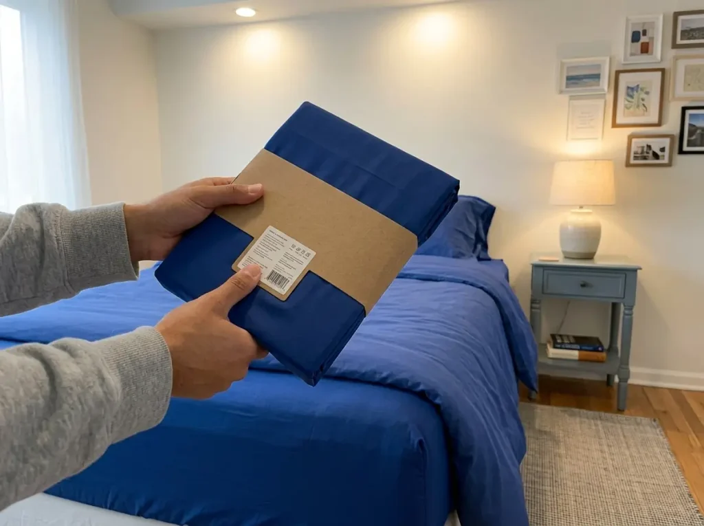 Hands holding a Tencel lyocell sheet set package, turning it to read the tag