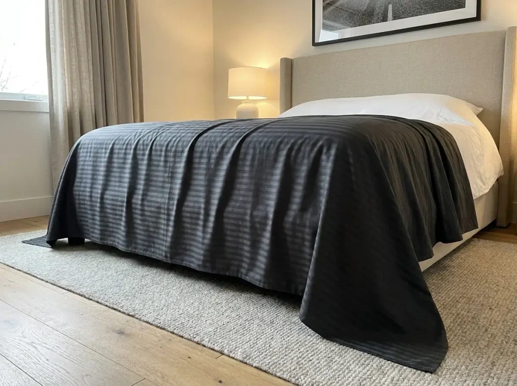Egyptian cotton sateen sheet draped over the foot of a bed, a soft sheen running along the folds