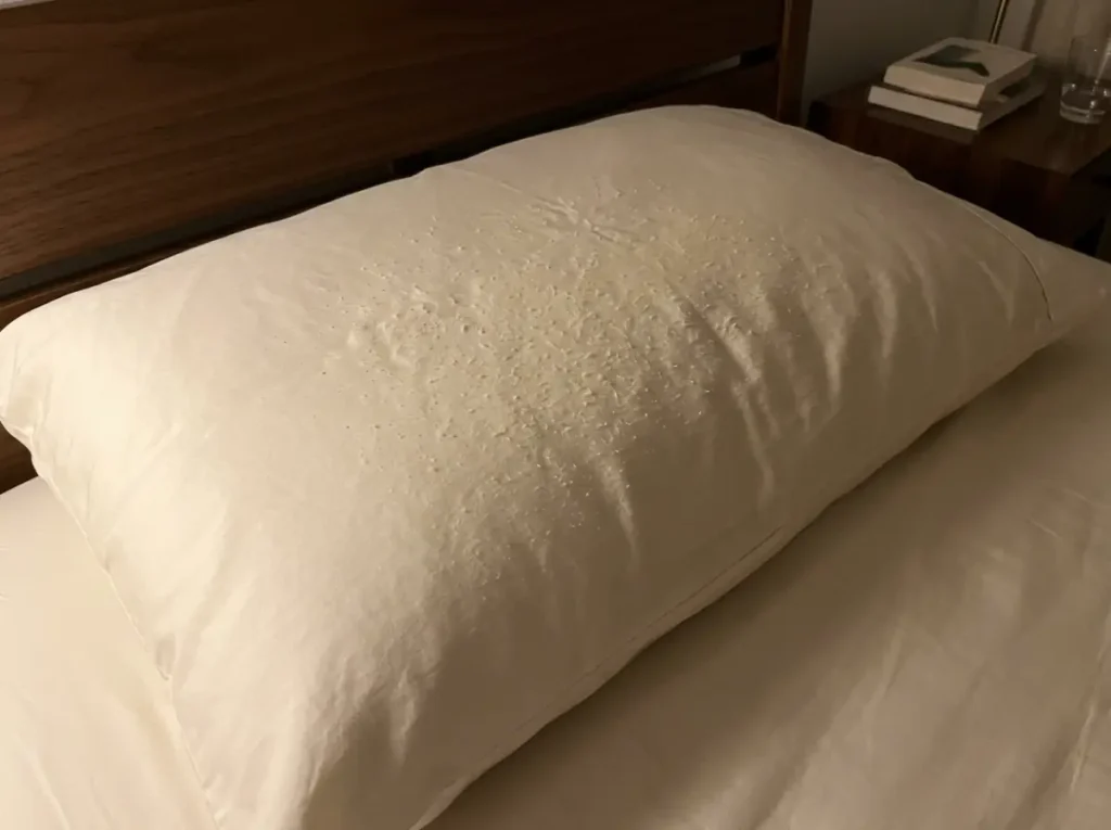 Pilled sateen pillowcase under a bedside lamp at night, small fiber balls catching the light