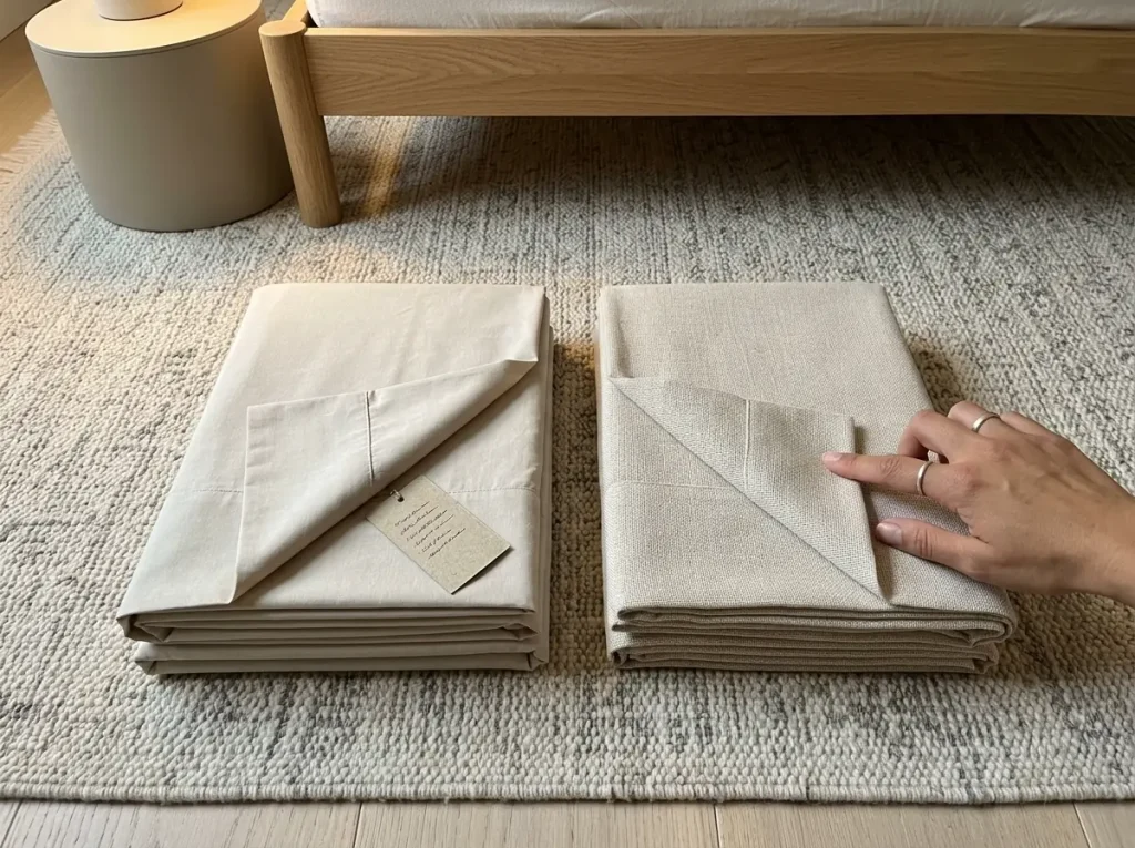 Two folded percale sheet sets squared side by side on a rug, one tagged and one plain, seen from above