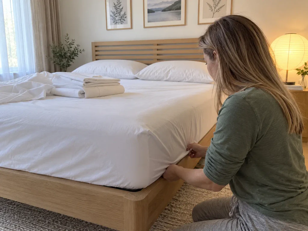 A woman fitting a Supima percale sheet over a mattress corner, the matte weave pulled taut
