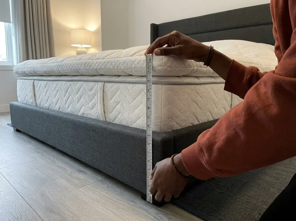 A tape measure held against a mattress and topper at the corner, checking the depth a fitted sheet has to cover