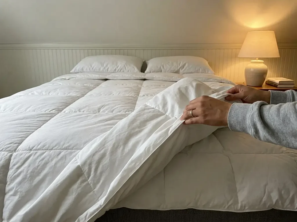 A down alternative comforter half out of its percale cover at the foot of an attic bed