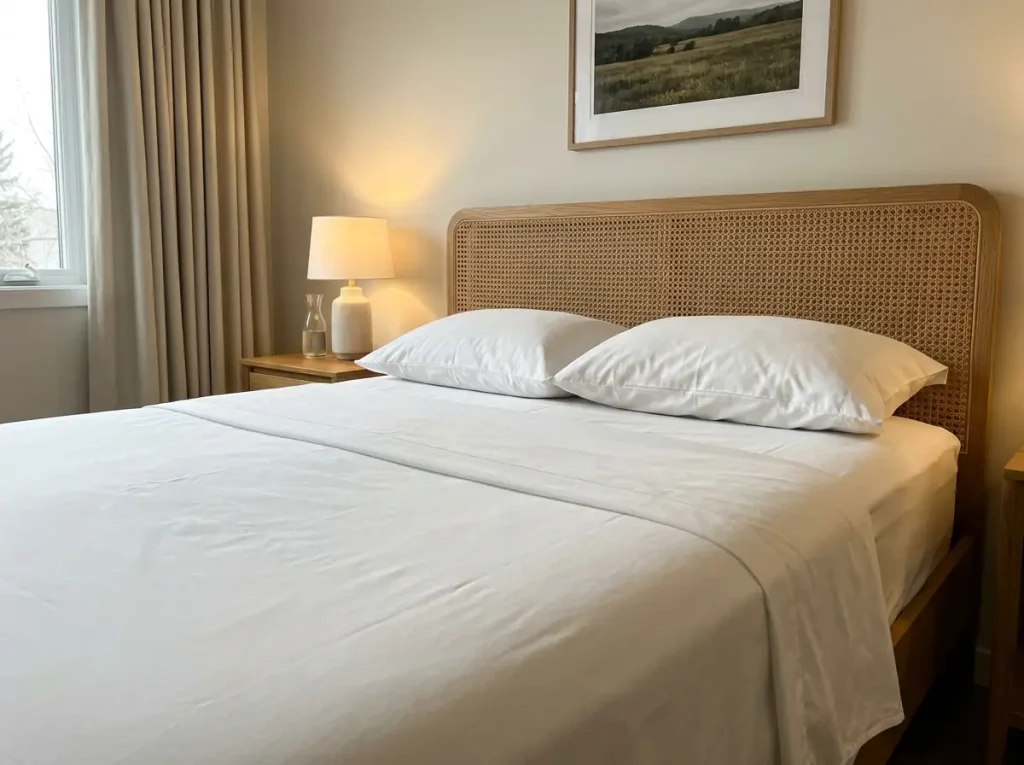 A flat sheet folded back in a clean band across a made bed with no duvet above it