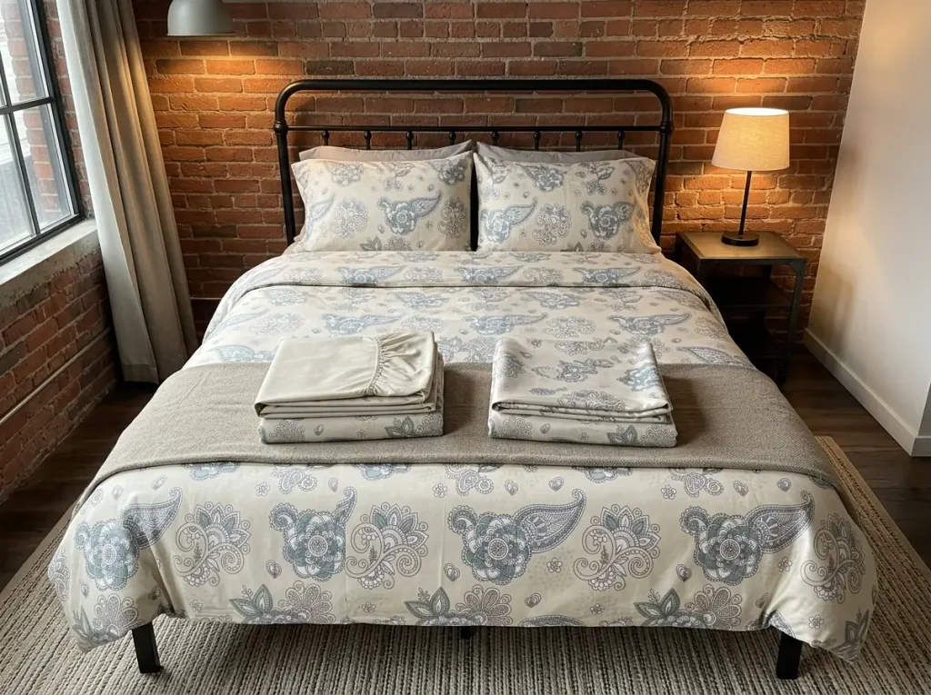Two folded cotton sheet sets laid side by side on a made bed for comparison in a loft bedroom