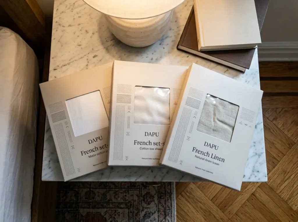 Three sheet packages side by side on a nightstand, one counted by threads and one weighed by GSM