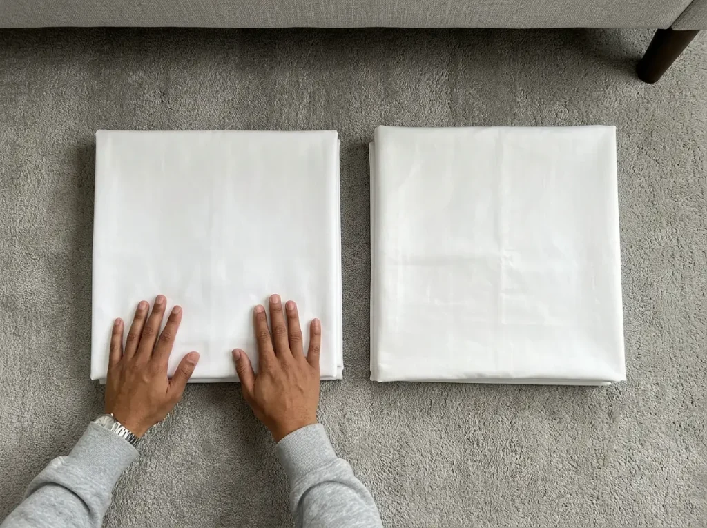 Two folded sheet sets side by side on a rug, one flat and matte, one with a low sheen