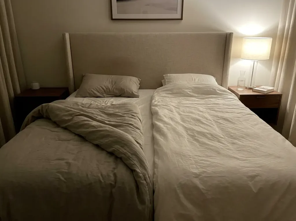 Two separate duvets of different weights on one bed at night, each turned back differently