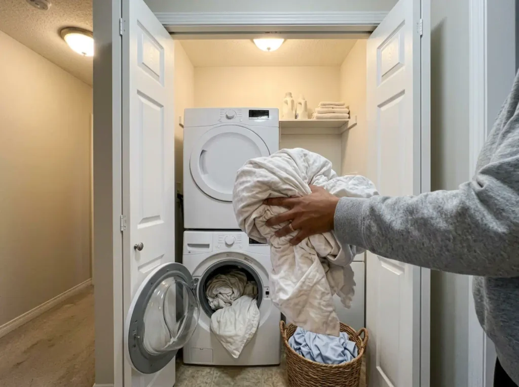 Stripped bedding going into a front-loading washer in a bright upstairs laundry alcove