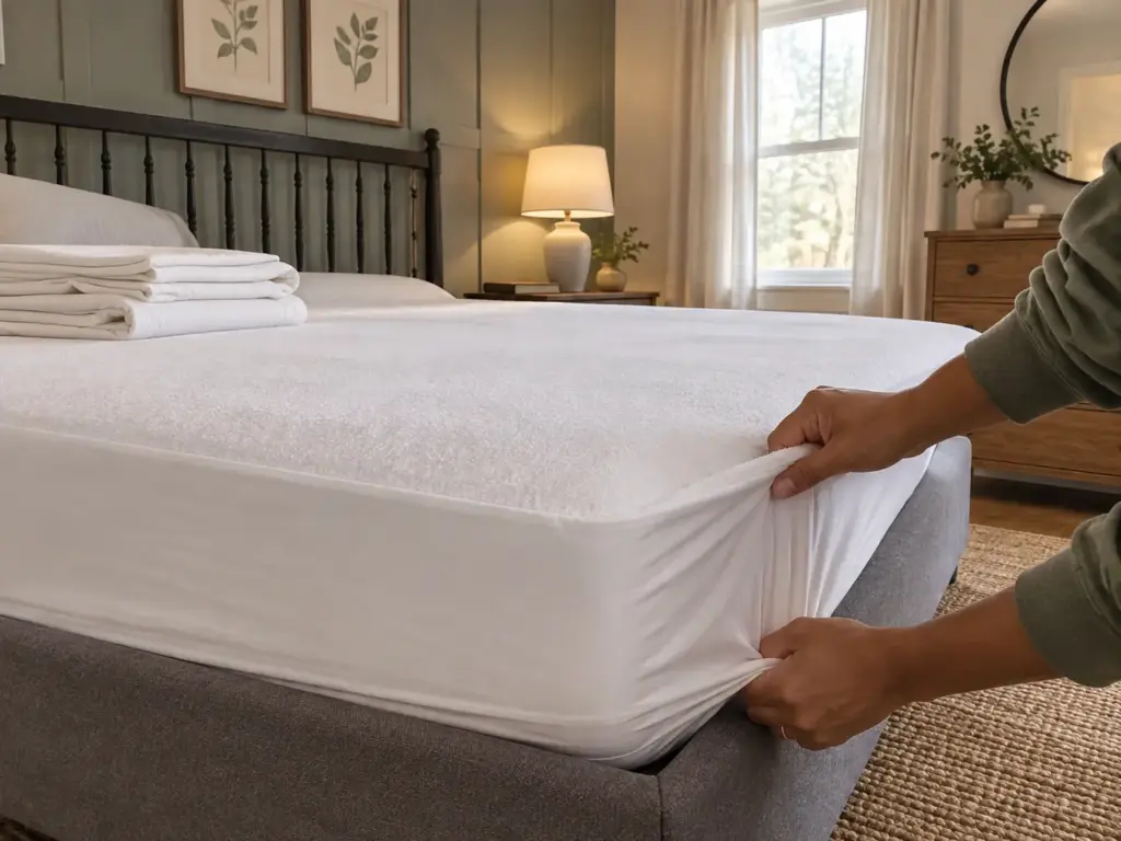 A cotton terry mattress protector being pulled over a bare mattress in a farmhouse bedroom