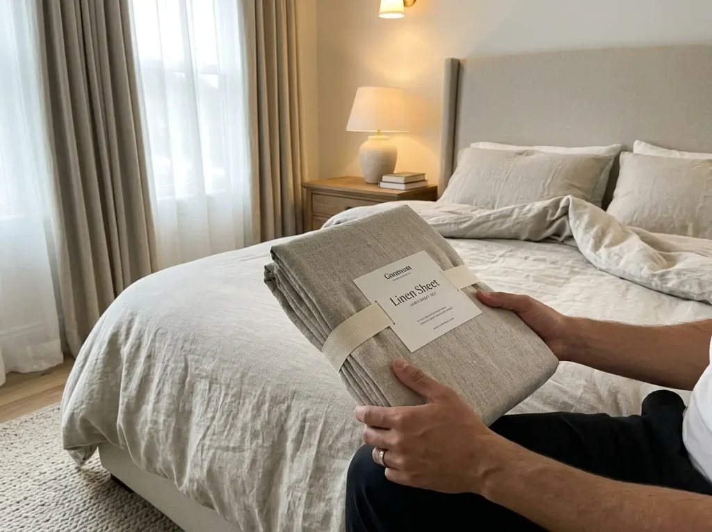Hands holding a packaged French linen sheet set on the edge of a made bed