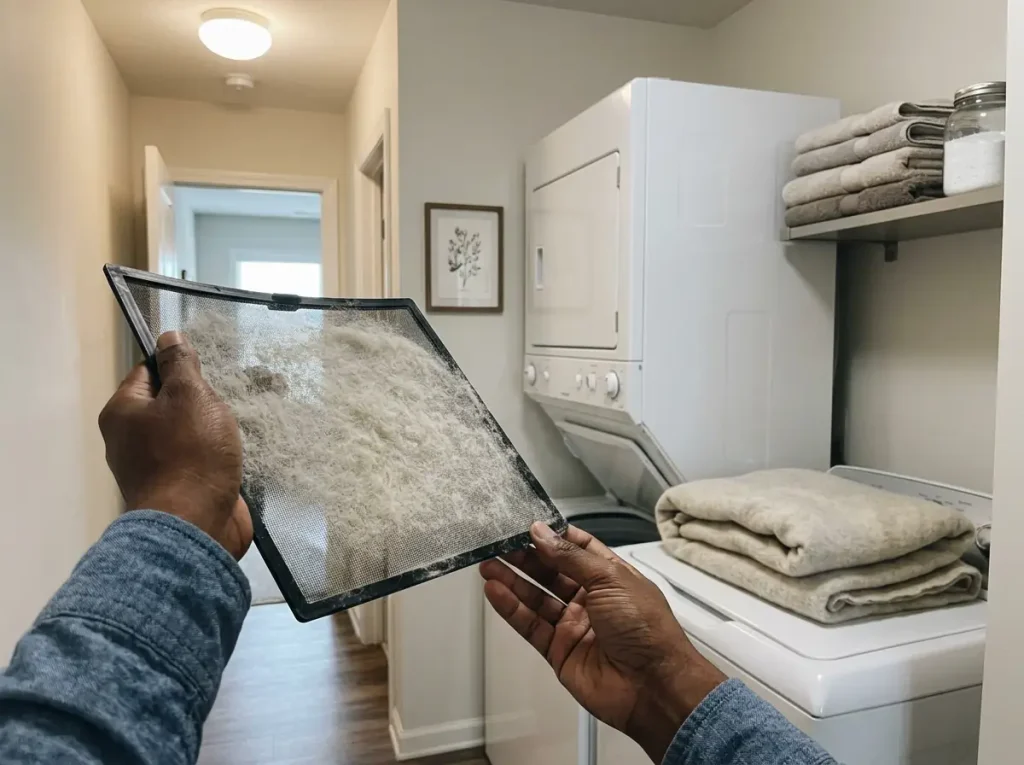 A dryer lint trap thick with wool fiber next to a folded blanket after a wash cycle