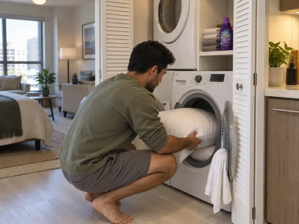 Man loading a down pillow into a front-loading washer to remove yellow stains, oxygen bleach additive on the shelf