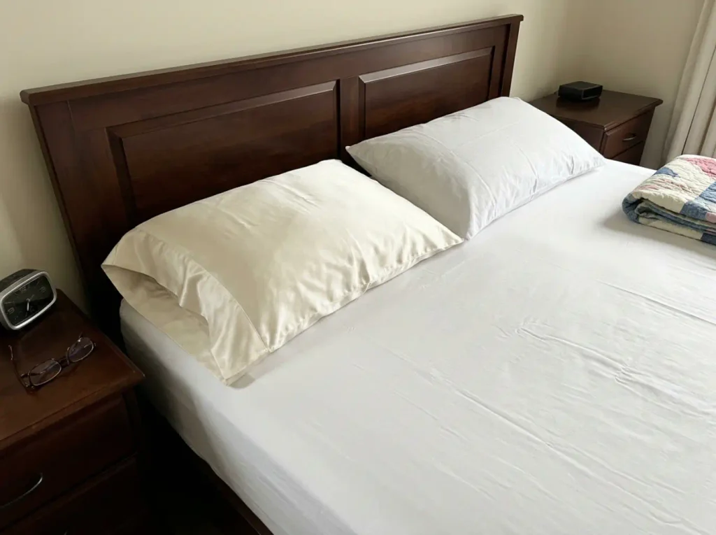 An ivory silk pillowcase on one pillow beside a matte white percale pillow on the same bed