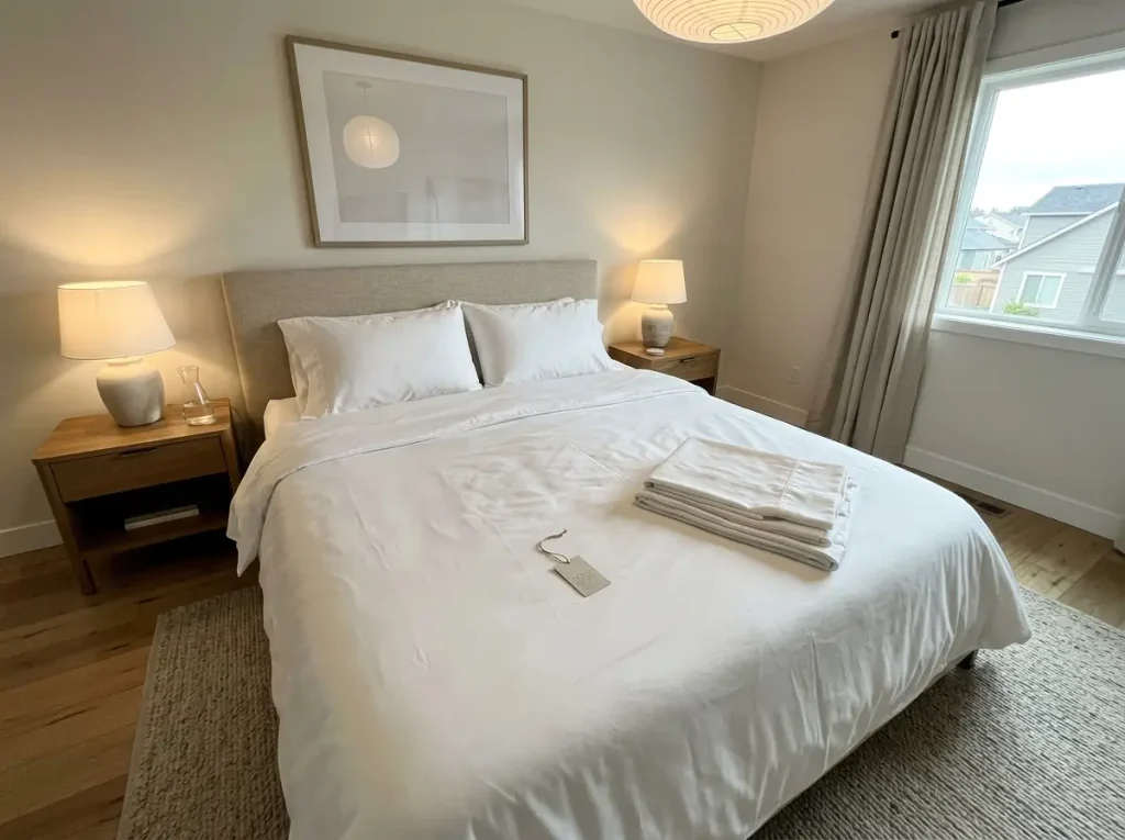 A bamboo viscose sheet set opened across the foot of a made bed with its small hangtag turned face up