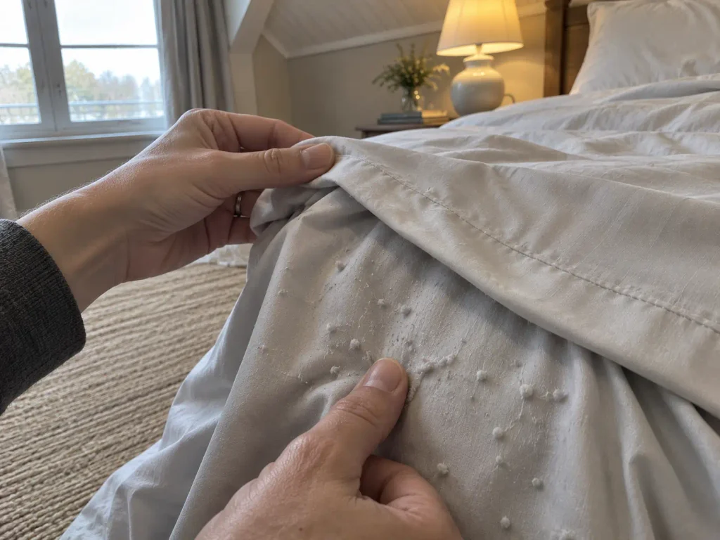 Hands turning back the hem of a silky bamboo viscose sheet with soft pale pills on its surface