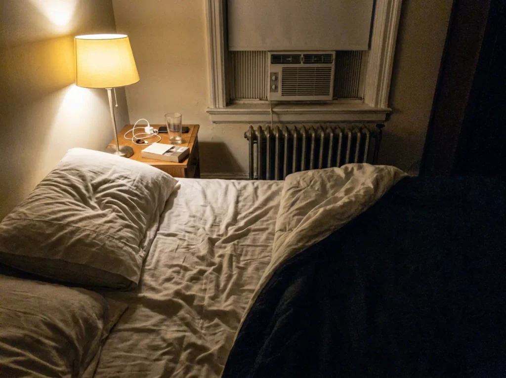 A pillow pushed aside at four in the morning, the pillowcase creased and the sheet dry beside it
