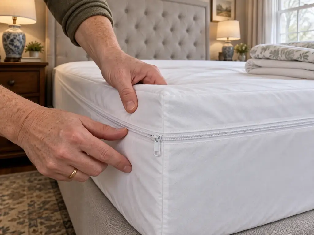 Hands checking the zipper seam of a bed bug proof mattress encasement at the corner