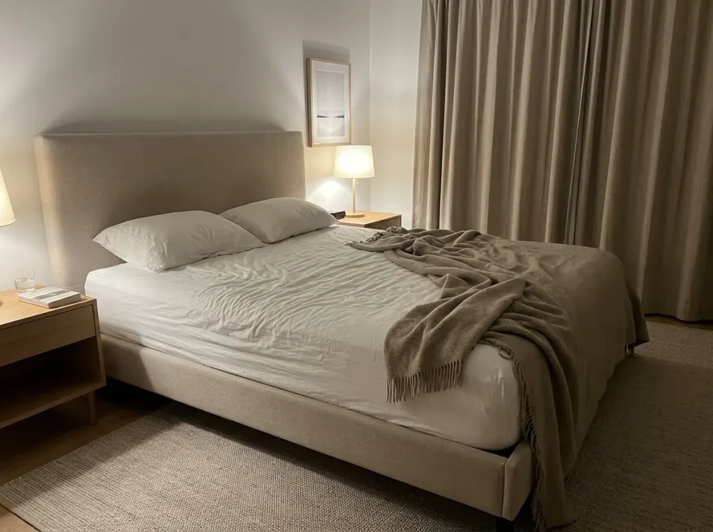 A blanket pulled across to one side of a shared bed at night, leaving the other side uncovered