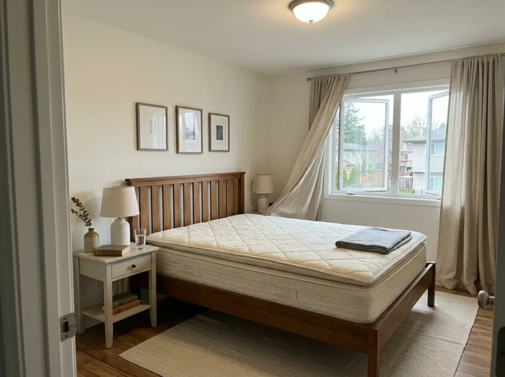 Bare twin XL mattress with the window wide open and the bedding gone to the laundry basket