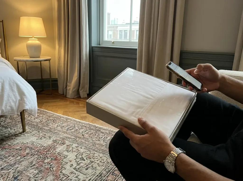 Hands holding a phone over an organic cotton sheet set package, checking the certificate details before buying