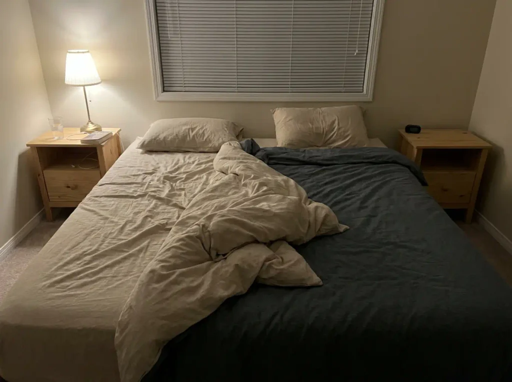 One side of a shared bed stripped back and the other still covered, lit by a single lamp at night