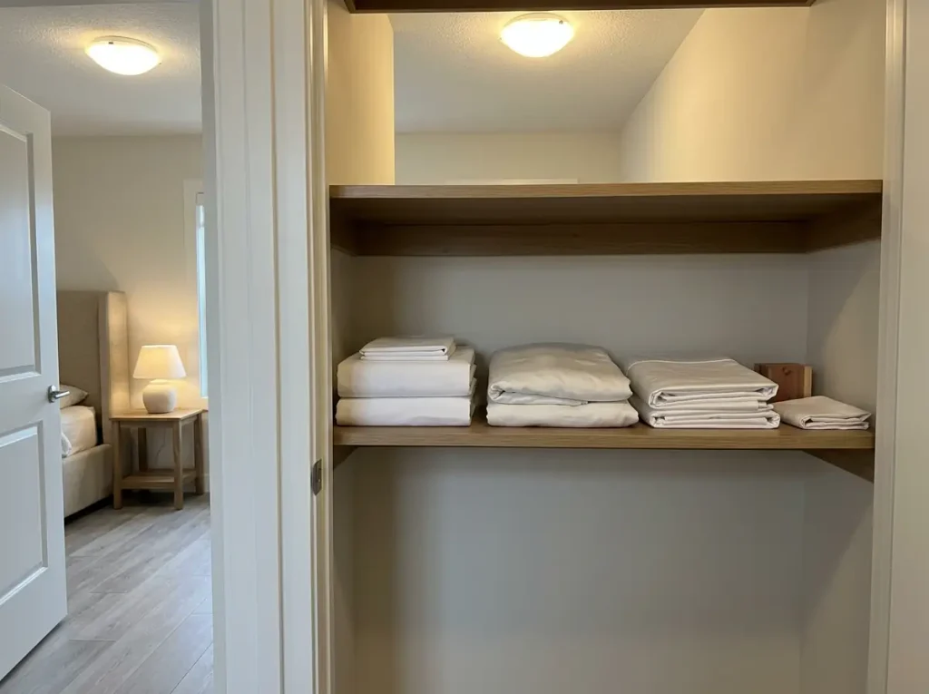 Folded sheet sets stacked on a closet shelf, worn sets separated from the newer ones