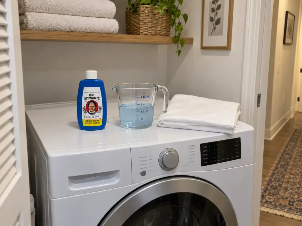 Mrs. Stewart's liquid bluing beside a measuring cup of pale blue diluted water and a folded white pillowcase