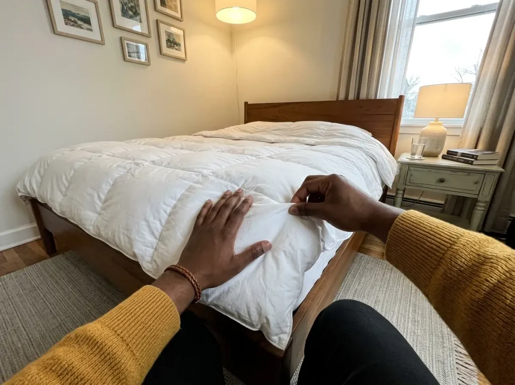 Hands pinching the corner of a down alternative comforter to judge its loft on a bed