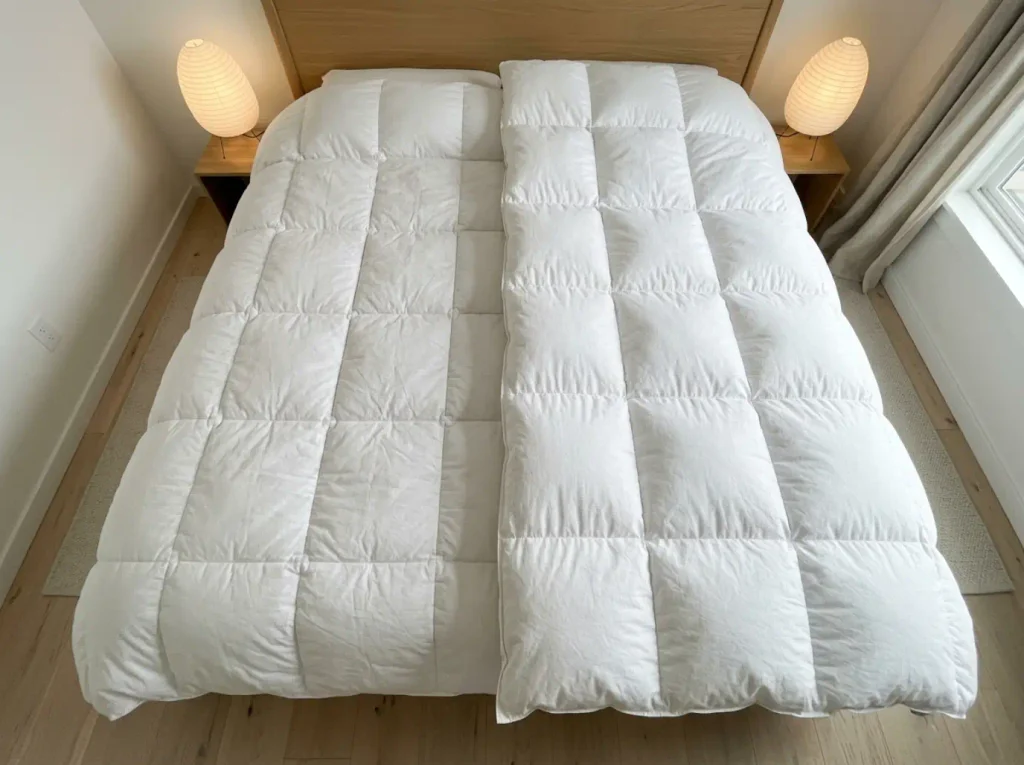 Two duvets side by side from above, one with pinched stitch lines and one with continuous loft