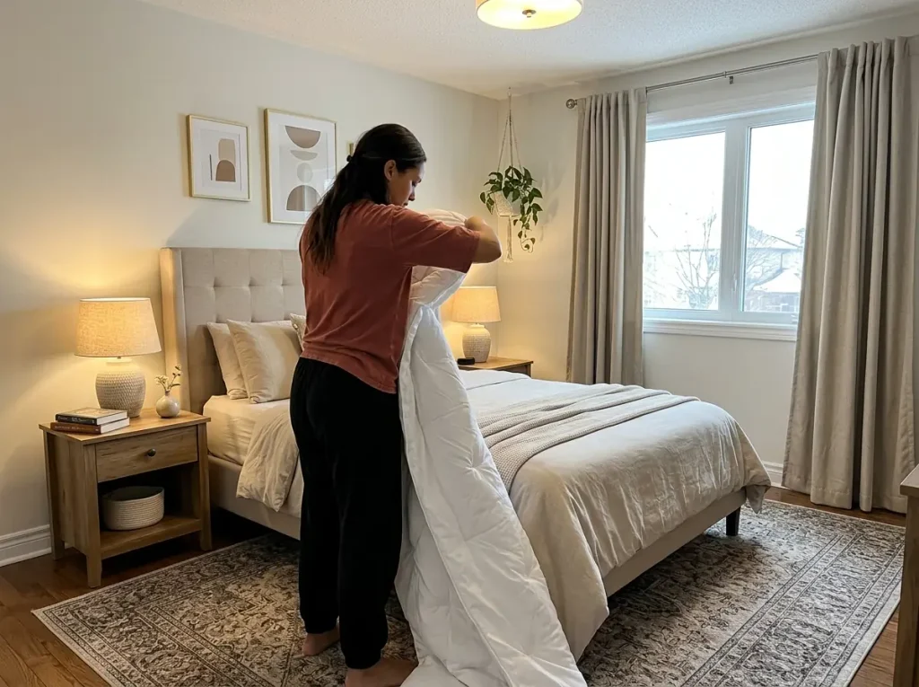 A woman shaking a duvet insert down into its cover beside a made bed on a bright morning