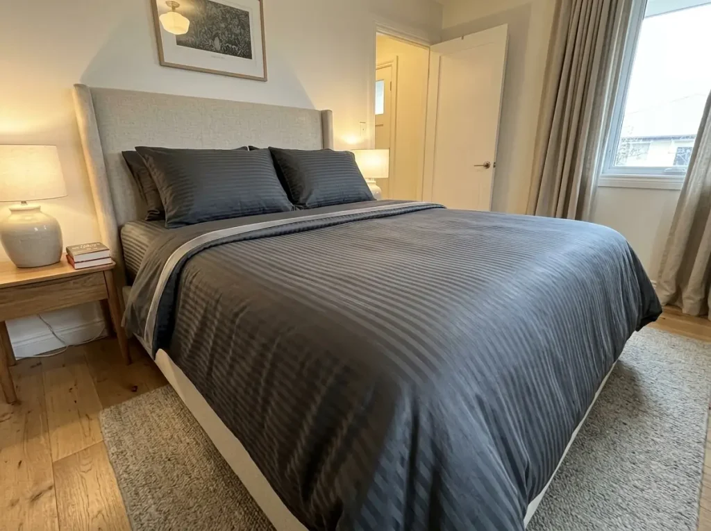 A bed made up in Egyptian cotton sateen sheets, the low sheen running down the bed