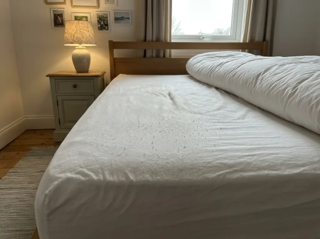 The middle of a fitted sheet after a season of washes, raking lamplight showing faint pilling