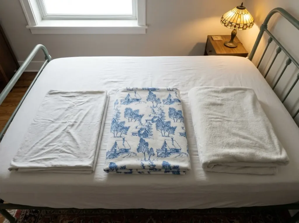 Three folded flannel sheet sets laid in a row showing light, mid and heavy nap depth