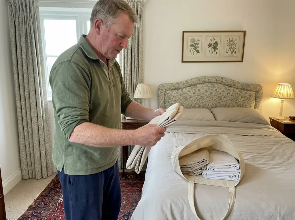 A man folding clean worn sheets into an open bag at the end of a bed, sorting them for donation