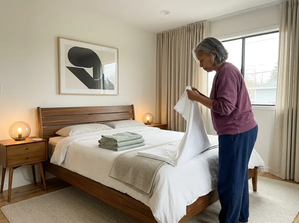 Person folding freshly washed cotton sheets at the foot of a bed, second set already stacked