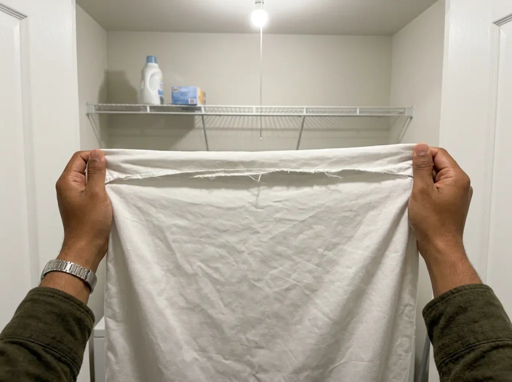 A worn pillowcase hem frayed at the opening, held open in a laundry closet under a bare bulb