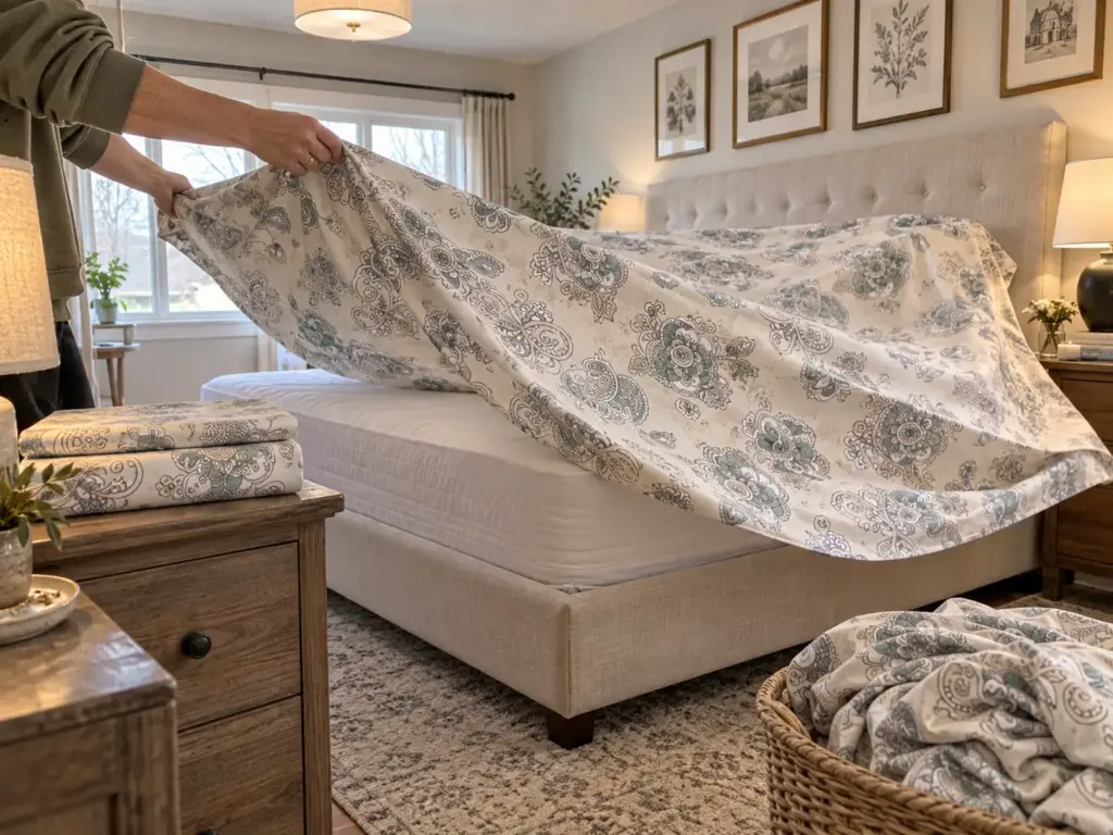 Hands shaking out a fresh percale sheet over a stripped mattress with the second set folded nearby