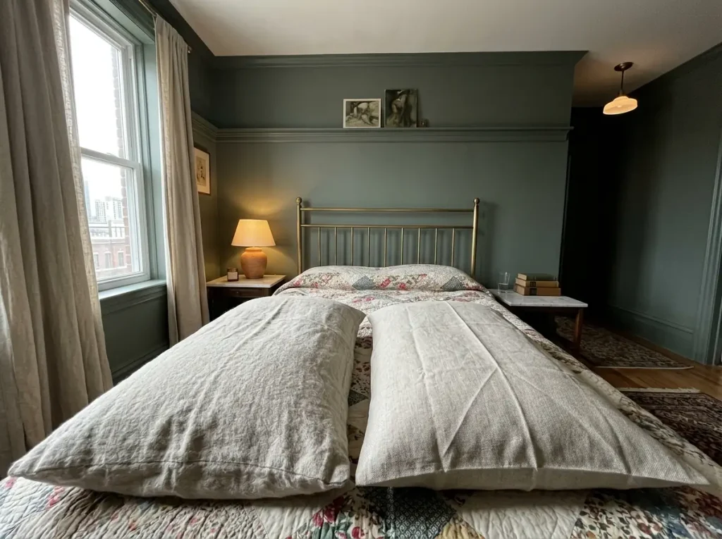 A stonewashed linen pillowcase and an untreated one laid side by side, their surfaces raked by light