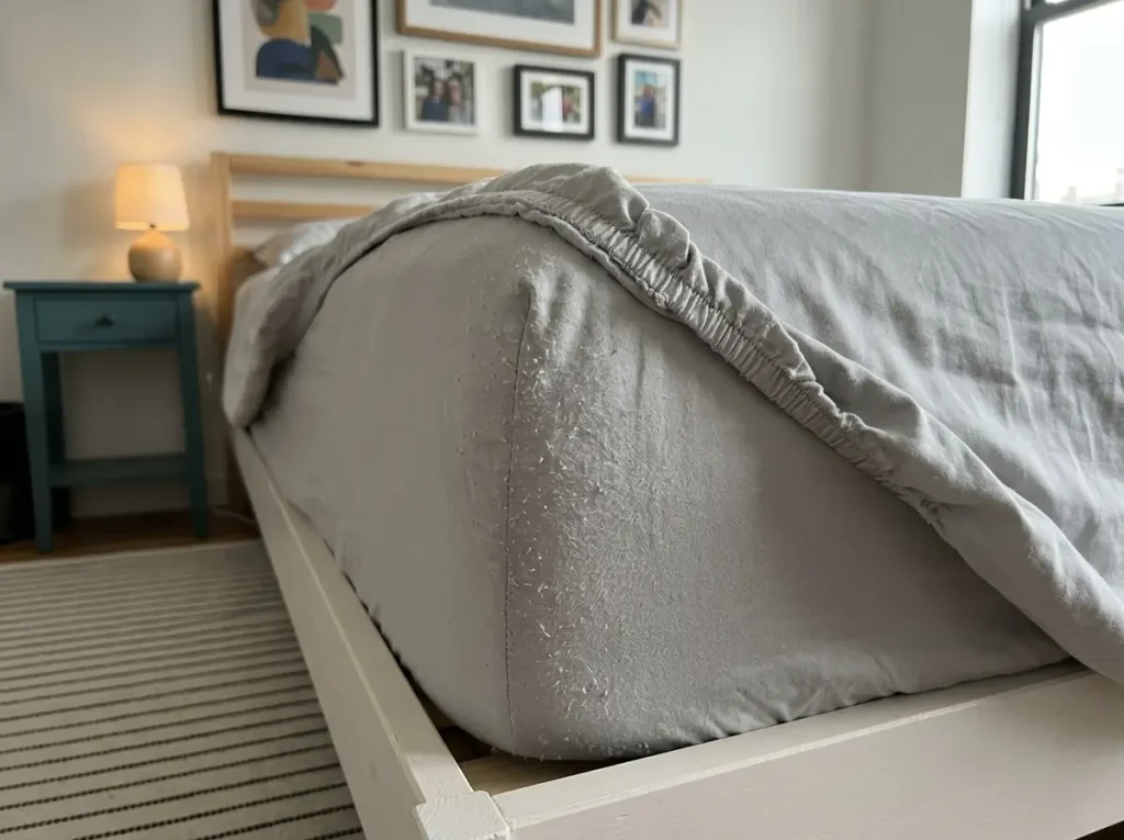 Worn elastic corner of a lyocell fitted sheet pulled back from the mattress